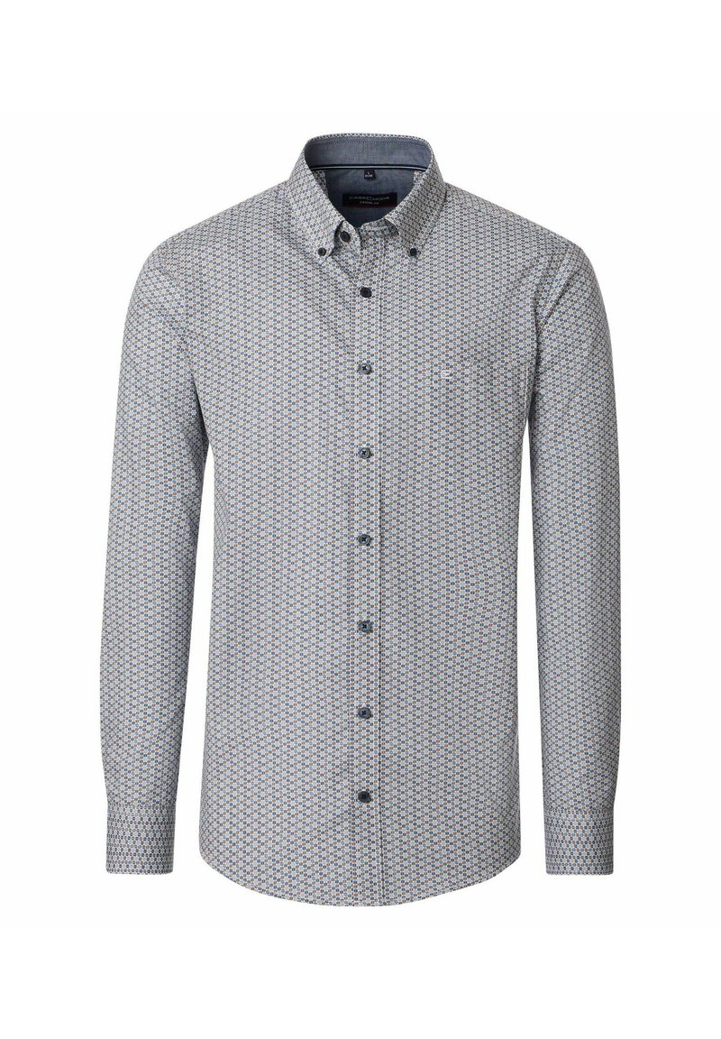 Heren overhemd met lange mouwen en een klein geometrisch patroon in blauw en beige, met een button-down kraag en een borstzak.