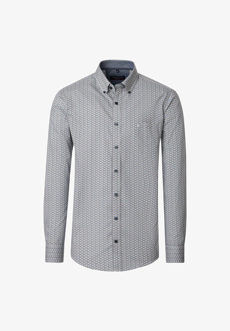 Heren overhemd met lange mouwen en een klein geometrisch patroon in blauw en beige, met een button-down kraag en een borstzak.