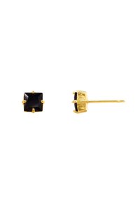 Schwarze quadratische Steckerohrringe mit goldfarbenen Metallfassungen, die über vier Krappen und eine strukturierte Rückseite verfügen. Elegantes, minimalistisches Design.