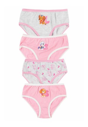 Four pairs of pink and gray children's underwear with Paw Patrol characters and letters on each garment.