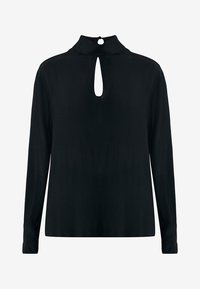 Blusa nera a maniche lunghe con colletto alto, caratterizzata da un'apertura a chiave nella parte anteriore. Tessuto morbido e polsini aderenti.