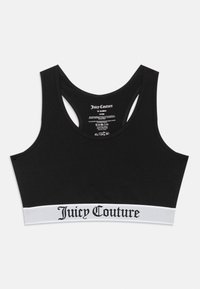 Čierna športová podprsenka Juicy Couture s prestrihom na chrbte a bielym elastickým pásom na spodnej časti, na ktorom je v čiernom gotickom písme napísané "Juicy Couture".