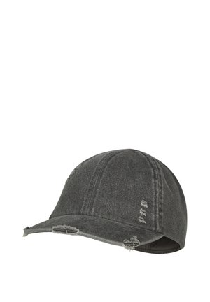 Worn black denim baseball cap with distressed details on the brim and near the crown against white background.