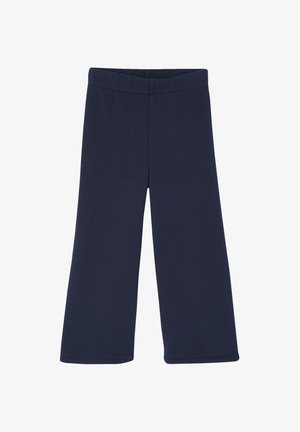 Navy blue cotton blend pants with a wide leg design, elastic waistband, and smooth texture. No additional patterns or hardware details.