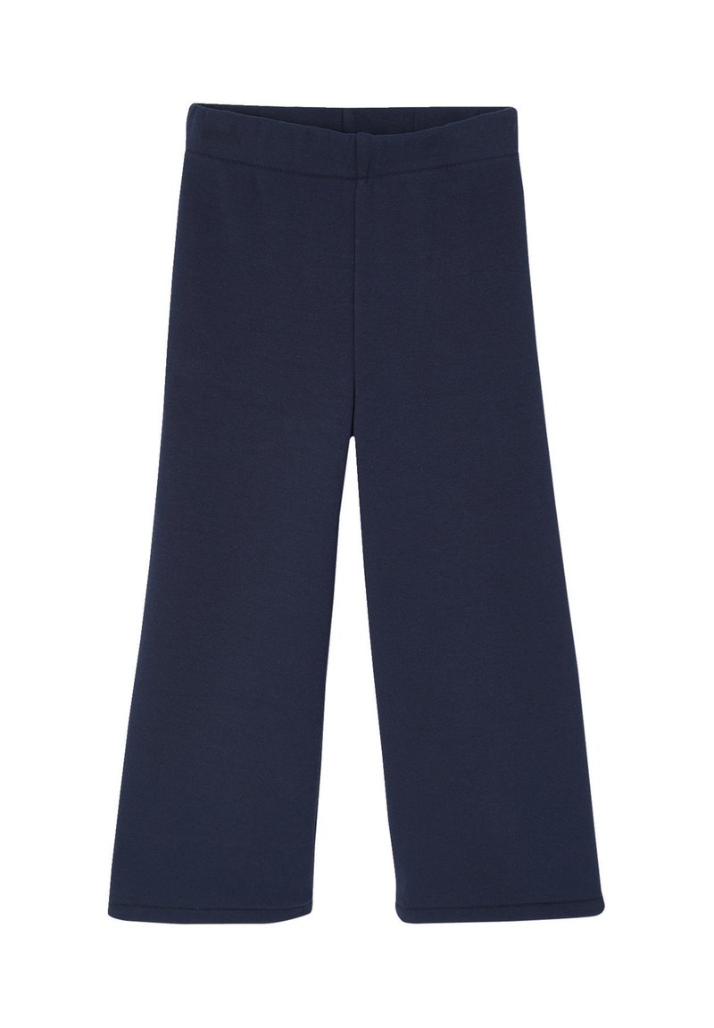 Navy blue cotton blend pants with a wide leg design, elastic waistband, and smooth texture. No additional patterns or hardware details.