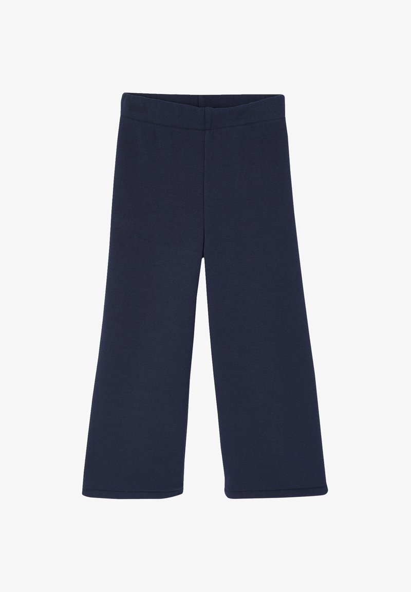 Navy blue cotton blend pants with a wide leg design, elastic waistband, and smooth texture. No additional patterns or hardware details.