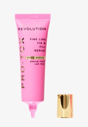 Rosa Tube mit PRO-TOX Gesichtsserum und goldenen Akzenten. Der Text lautet "Feine Linien Fix & Fülle Serum." Verfügt über eine spitze Düse zur Anwendung.