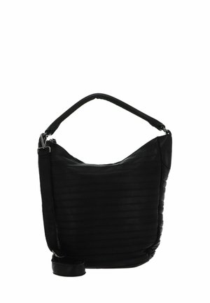 Schwarze Leder-Schultertasche mit horizontal gerippter Textur, runder Form, einem kurzen Griff und einem verstellbaren langen Riemen. Mit Reißverschluss oben geschlossen.