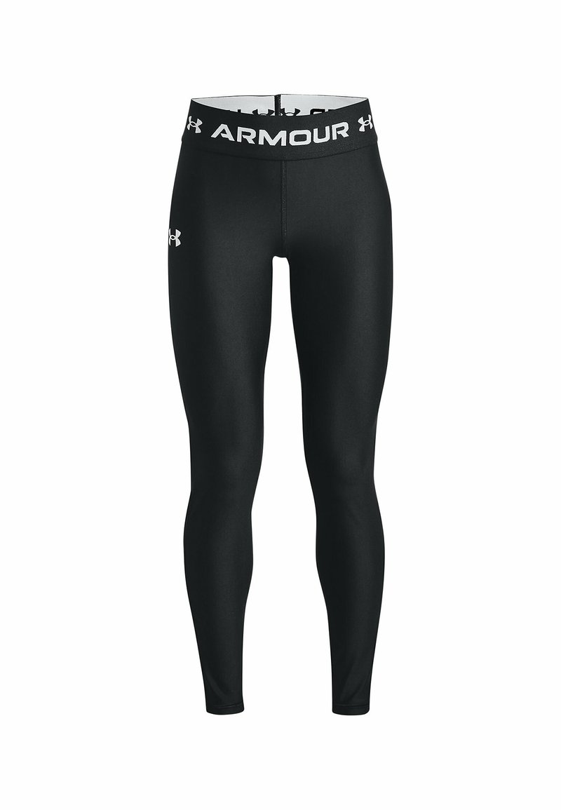 Mustat urheiluleggingsit, jotka istuvat tiukasti ja on valmistettu sileästä materiaalista. Sisältää valkoisen brändätyn vyötärönauhan, jossa on "ARMOUR"-teksti ja logoelementtejä.