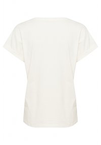 T-shirt pour femme à manches courtes en coton crème clair, avec une coupe décontractée, un col rond et un tissu lisse, sans texture.