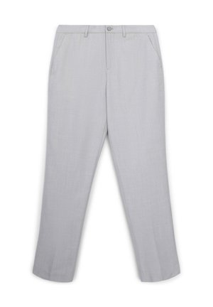 Hellgraue Hosen aus strukturiertem Stoff. Mit Knopfverschluss, Taschen vorne und geradem Bein Design.