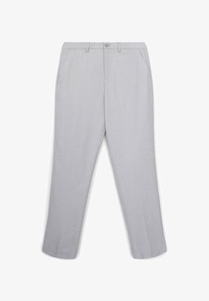 Hellgraue Hosen aus strukturiertem Stoff. Mit Knopfverschluss, Taschen vorne und geradem Bein Design.