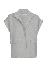 Gray sleeveless cardigan with a shawl collar, two front pockets, and a relaxed fit. Made from soft, textured fabric.