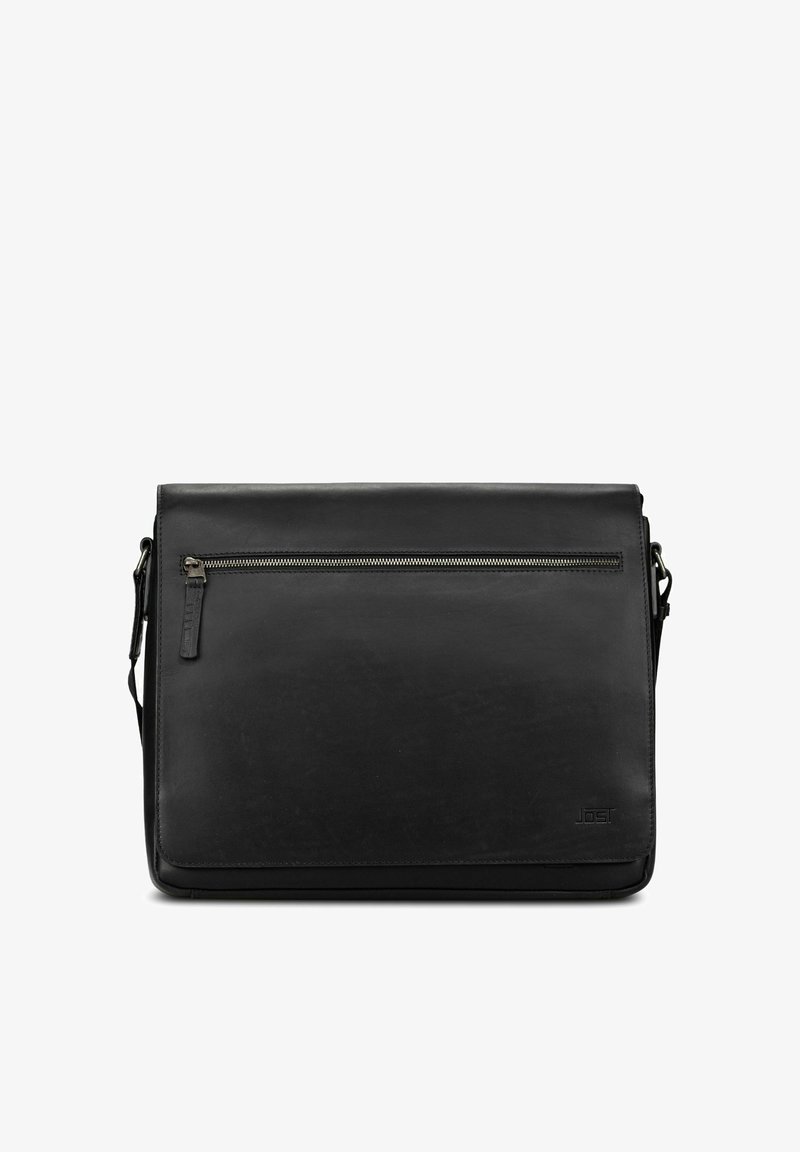 Schwarze Leder-Umhängetasche mit elegantem Design, vordere Reißverschlusstasche, verstellbarem Riemen und geprägt eingefasstem Logodetail in der Ecke.