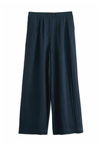 Marineblauwe wijdlopende broek met een hoge taille, voorzien van twee knopen, plooien en een gladde, lichte stofstructuur.