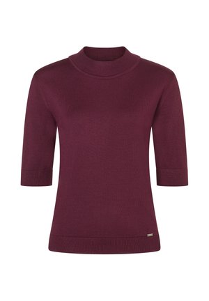 Burgunderfarbener Kurzarm-Pullover mit einem Stehkragen, aus glattem Strickstoff gefertigt; verfügt über ein dezentes Saumdetail am Bund.