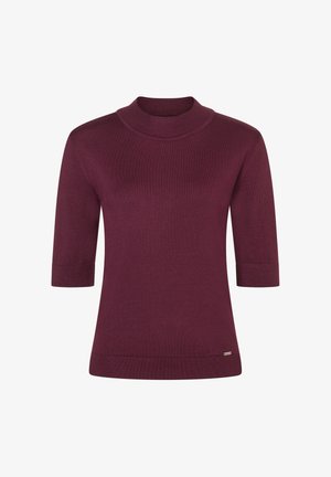 Burgunderfarbener Kurzarm-Pullover mit einem Stehkragen, aus glattem Strickstoff gefertigt; verfügt über ein dezentes Saumdetail am Bund.