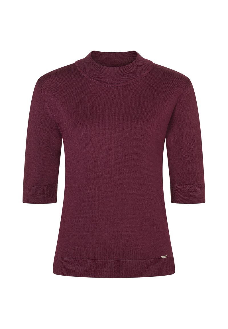 Burgunderfarbener Kurzarm-Pullover mit einem Stehkragen, aus glattem Strickstoff gefertigt; verfügt über ein dezentes Saumdetail am Bund.