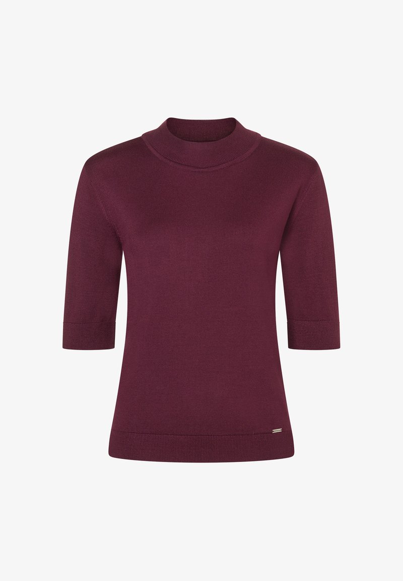 Bordeaux kortarmige pullover met een neklijn, gemaakt van glad gebreide stof; heeft een subtiele zoomdetails aan de tailleband.