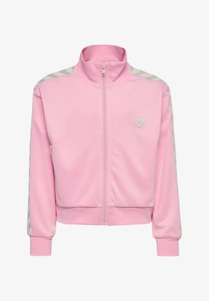 Lyserød lynlåsjakke med høj krave, ribbede ærmeafslutninger og mønstrede grå accenter på skuldrene. Har en lille broderet logo foran.