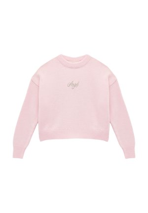 Zacht roze gebreide trui met lange mouwen en geribde manchetten, zoom en halslijn, met "Angel" in sierlijk schrift geborduurd op de borst.