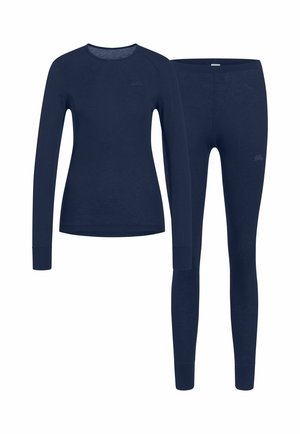 Marinefarbener Langarm-Top und passende Leggings aus weichem, leichtem Material. Verfügt über ein eng anliegendes Design mit langen Ärmeln und elastischem Taillenbund.