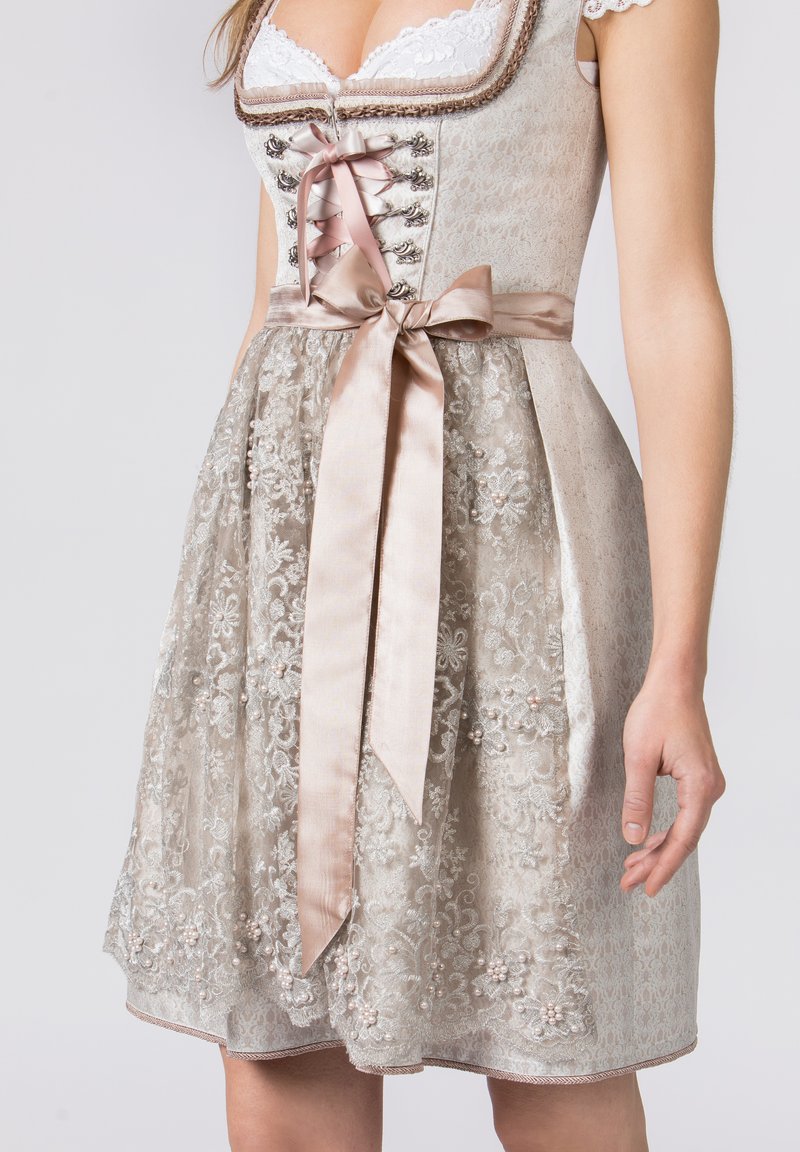 Hellgraues Kleid mit Blumenstickerei, Spitzenbesatz und satinband. Es hat ein tailliertes Oberteil, einen ausladenden Rock und dekorative Knopf-Akzente.