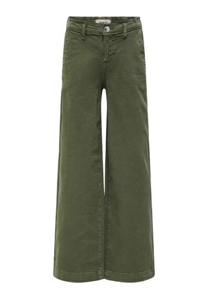 Wijd-uitlopende, olijfgroene broek van zacht katoen met knoopsluiting en riemlussen. Heeft minimale stiksels en een nette afwerking.