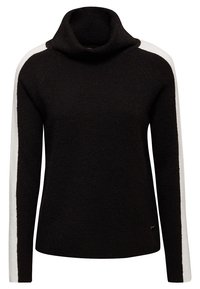 Czarny dzianinowy sweter z golfem i długimi rękawami, z białymi pionowymi paskami na zewnętrznych stronach ramion.