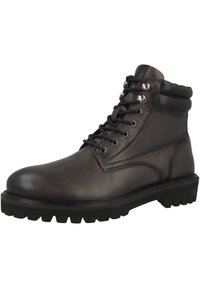 Mørkegrå læder ankelstøvler med rund tå, tykk gummisål og snørelukning med metalliske øjer og polstret krave.