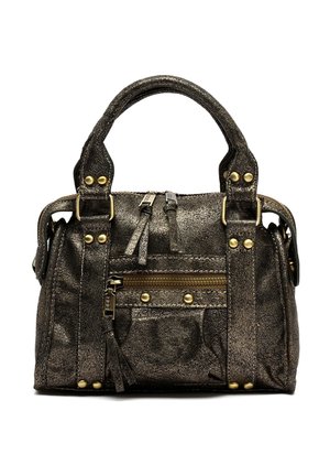Metallic bronze håndtaske med to top-håndtag, lynlåslukninger og kontrasterende guld-tone hardware. Har sidelommer og tekstureret overflade.