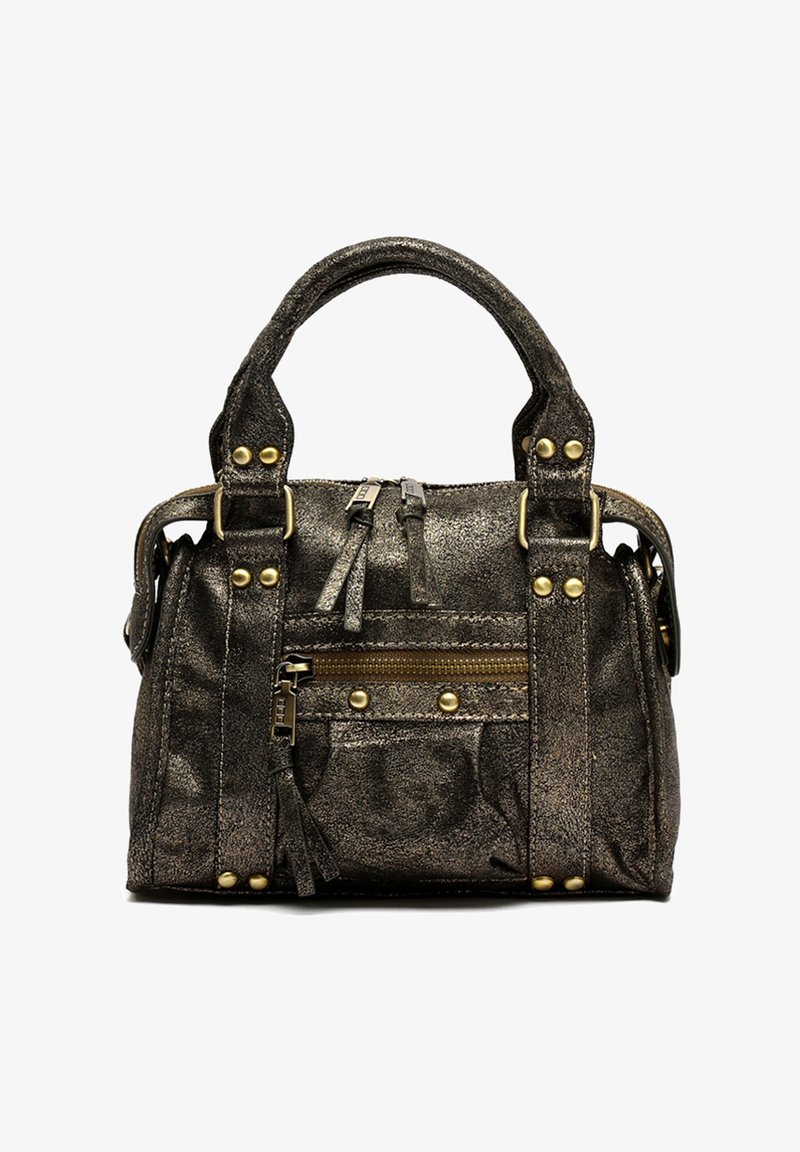 Metallic bronze handbag with dual top handles, zippered closures, and contrasting gold-tone hardware. Features side pockets and textured finish.