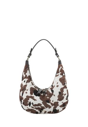 Handbag with brown and white cowhide pattern, black leather handle, and small gold brand logo at the bottom center.