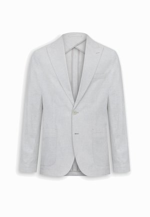 Hellgrauer Ein-Knopf-Blazer mit Reverskragen und Pattentaschen, flach auf weißem Hintergrund präsentiert.