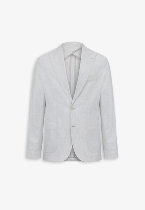 Blazer grigio chiaro a un bottone con revers a incavo e tasche con patta, mostrato disteso su uno sfondo bianco.