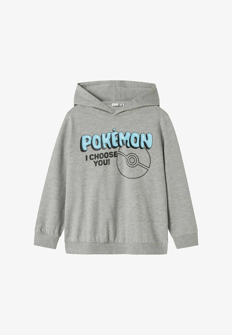 Felpa grigia con maniche lunghe, dotata di cappuccio. Il testo frontale recita "POKÉMON" in blu e "I CHOOSE YOU!" in nero, accanto a un grafico circolare di Pokéball.