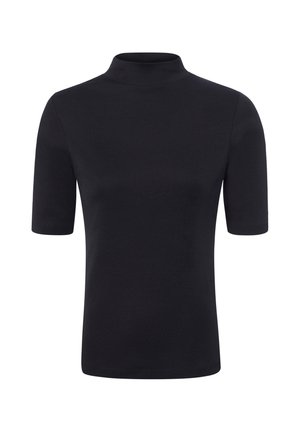 Black short-sleeve shirt with a fitted silhouette and a high mock neck collar on a white background.