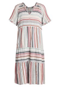 Gestreiftes Kleid mit V-Ausschnitt, kurzen Ärmeln und stufigem Rock. Hergestellt aus leichtem Stoff in Rot-, Blau- und Cremetönen.