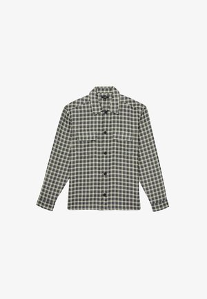 Camicia di flanella a quadri neri e grigi, maniche lunghe, chiusura con bottoni, due tasche sul petto, colletto, tessuto texturizzato.