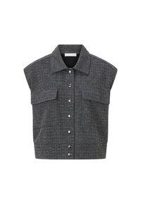 Kratka črna in siva jakna s houndstooth vzorcem in kratkimi rokavi, z ostrim ovratnikom, sprednjimi gumbki na pritisek in dvema žepoma na prsih. Teksturovana tkanina.
