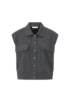Jachetă cropped cu mâneci scurte, în carouri negre și gri, cu guler ascuțit, nasturi în față și două buzunare la piept. Material texturat.