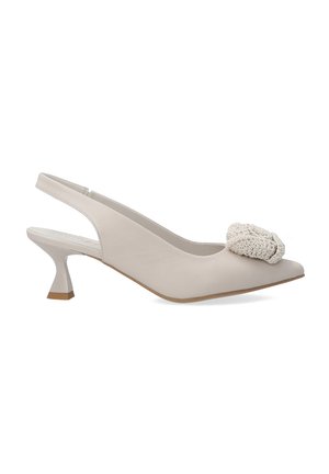 Beige slingback pump made of smooth leather with a pointed toe, featuring a textured cream accent on the front and a sculpted heel.
