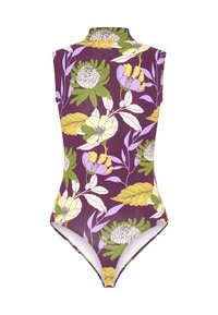 Kukallinen yhden osan uimapuku korkealla kauluksella, jossa on violetti tausta, joka on koristeltu keltaisilla, vihreillä ja laventelinsinisillä kukkakuviolilla.