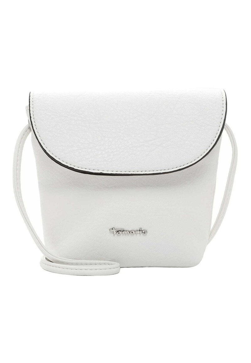 Borsa a tracolla sintetica bianca con patta arrotondata, finitura texturizzata, accessori in argento e tracolla. Logo impresso sulla parte anteriore.