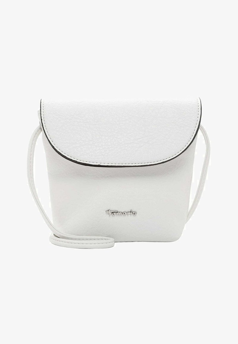 Borsa a tracolla sintetica bianca con patta arrotondata, finitura texturizzata, accessori in argento e tracolla. Logo impresso sulla parte anteriore.