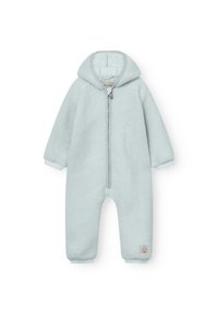 Lichtblauw fleece babysuittje met capuchon, lange mouwen, rits aan de voorkant en elastische boorden bij de polsen en enkels.