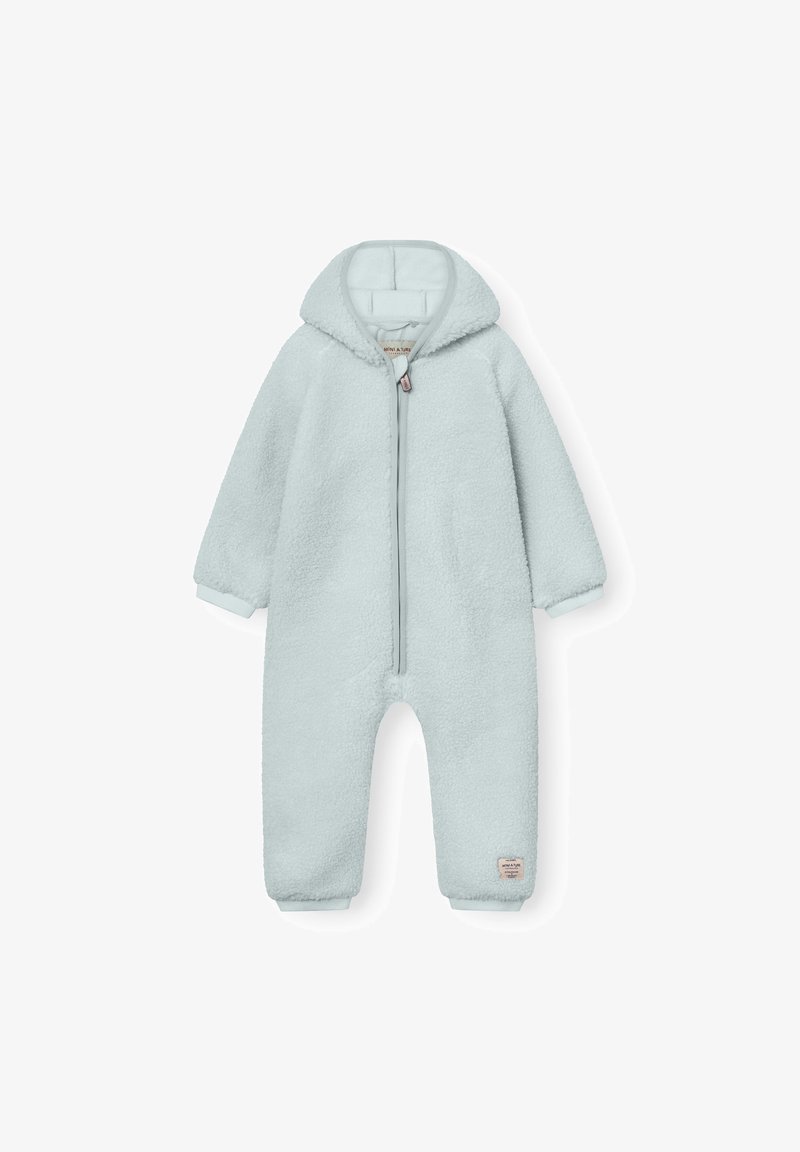 Lichtblauw fleece babysuittje met capuchon, lange mouwen, rits aan de voorkant en elastische boorden bij de polsen en enkels.