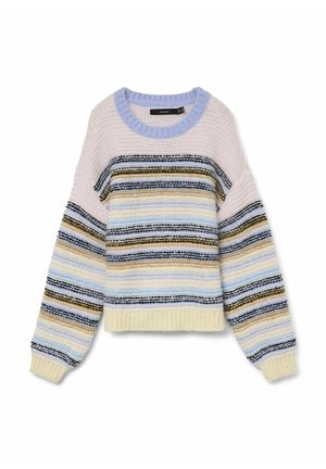 Chunky strikket sweater med rund hals, prydet med vandrette striber i pastelfarver, herunder lavendel, gul, sort og blå. Ribbet manchetter.