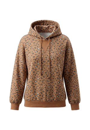 Sweat à capuche marron avec motif léopard noir et blanc, cordons, poignets et ourlet côtelés.