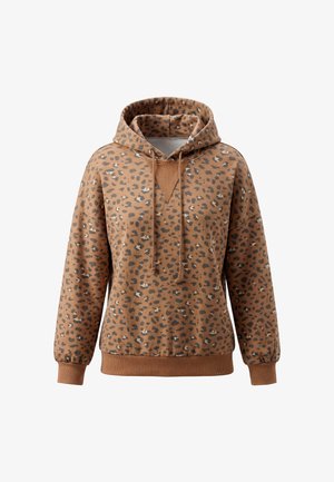 Bruine hoodie met zwart-wit luipaardprint, trekkoorden, geribbelde boorden en zoom.